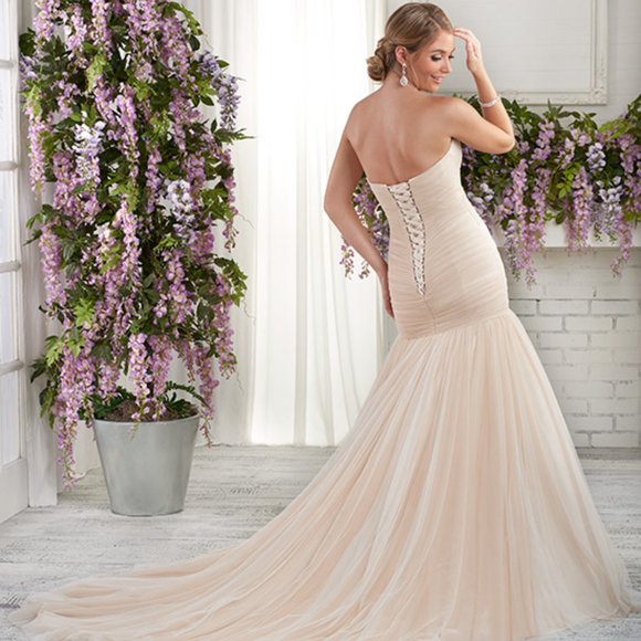 Sample Champagne Asymmetrical Ruched Fit & Flare Wedding Dress, Corset Laceup - Picture 3 of 12